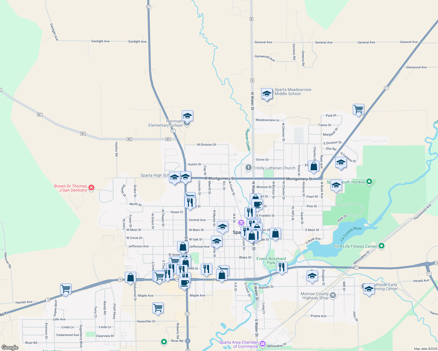 map of restaurants, bars, coffee shops, grocery stores, and more near 410 W Montgomery St in Sparta