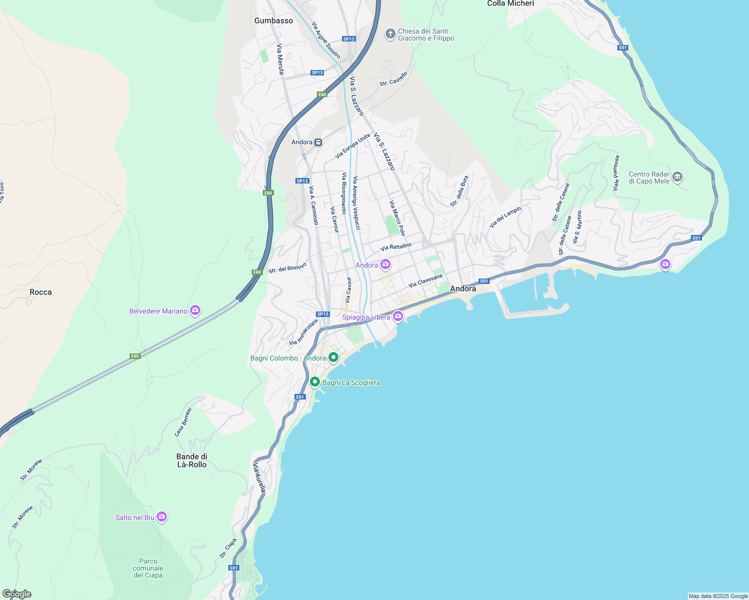 map of restaurants, bars, coffee shops, grocery stores, and more near 200 Via Aurelia in Andora