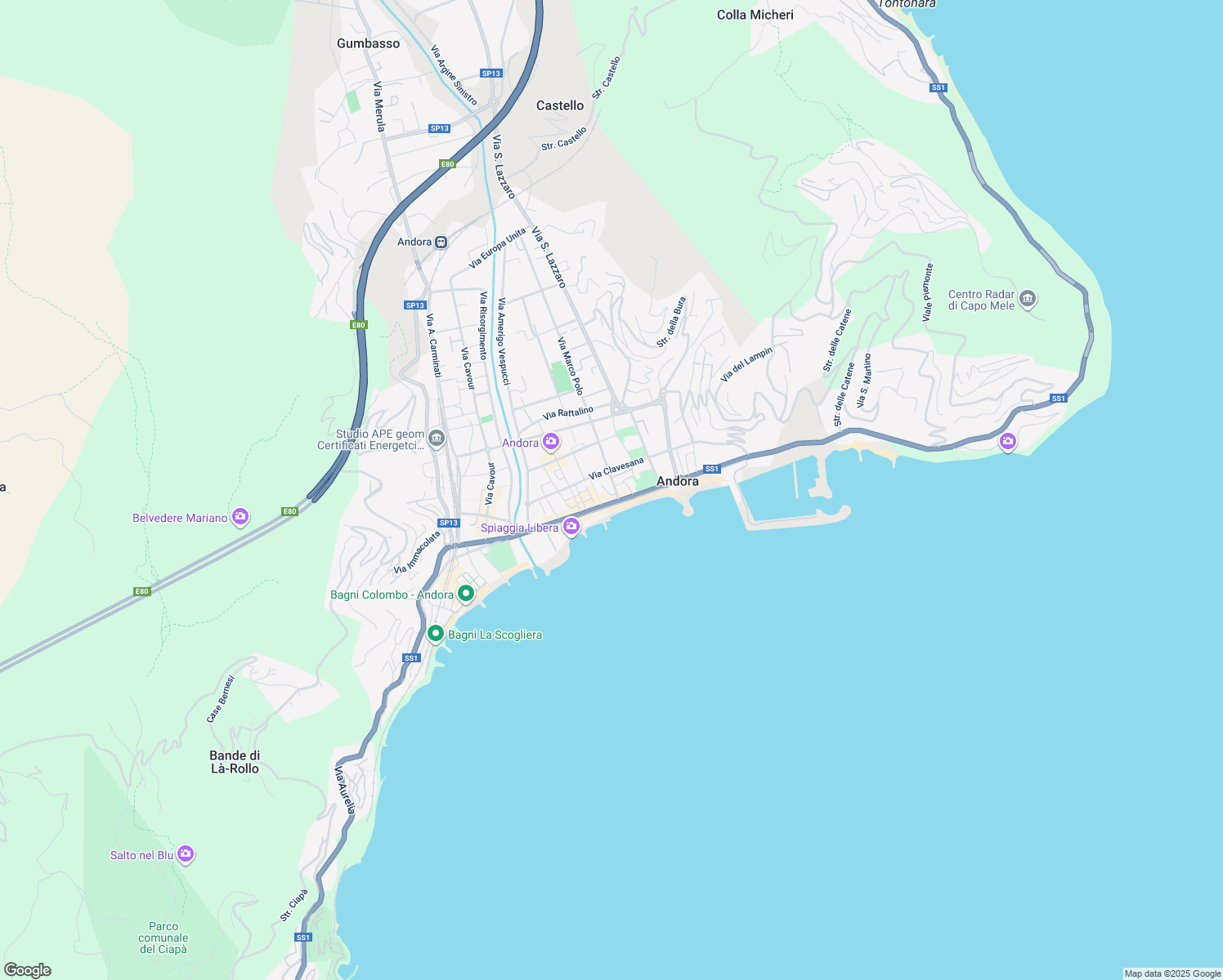 map of restaurants, bars, coffee shops, grocery stores, and more near 10 Via Marco Polo in Marina di Andora