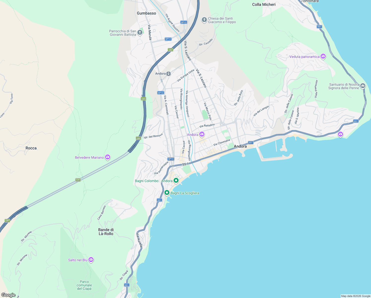 map of restaurants, bars, coffee shops, grocery stores, and more near 14 Via Santa Lucia in Marina di Andora