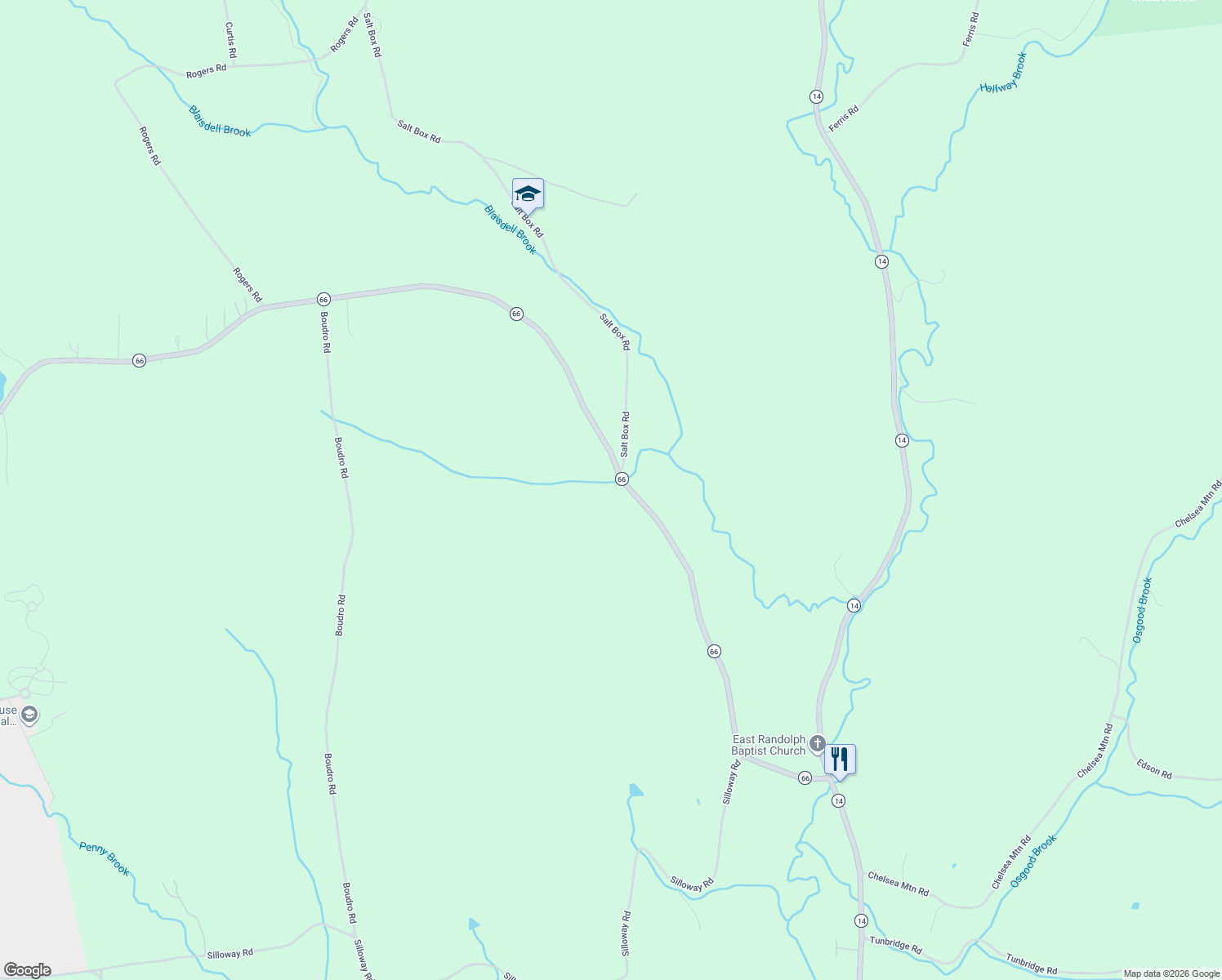 map of restaurants, bars, coffee shops, grocery stores, and more near 6181 Vermont 66 in Randolph