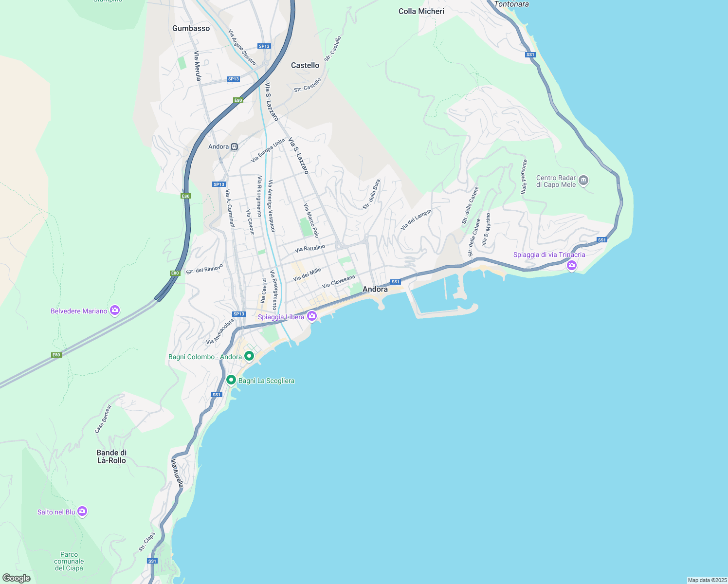 map of restaurants, bars, coffee shops, grocery stores, and more near 122 Via Aurelia in Marina di Andora