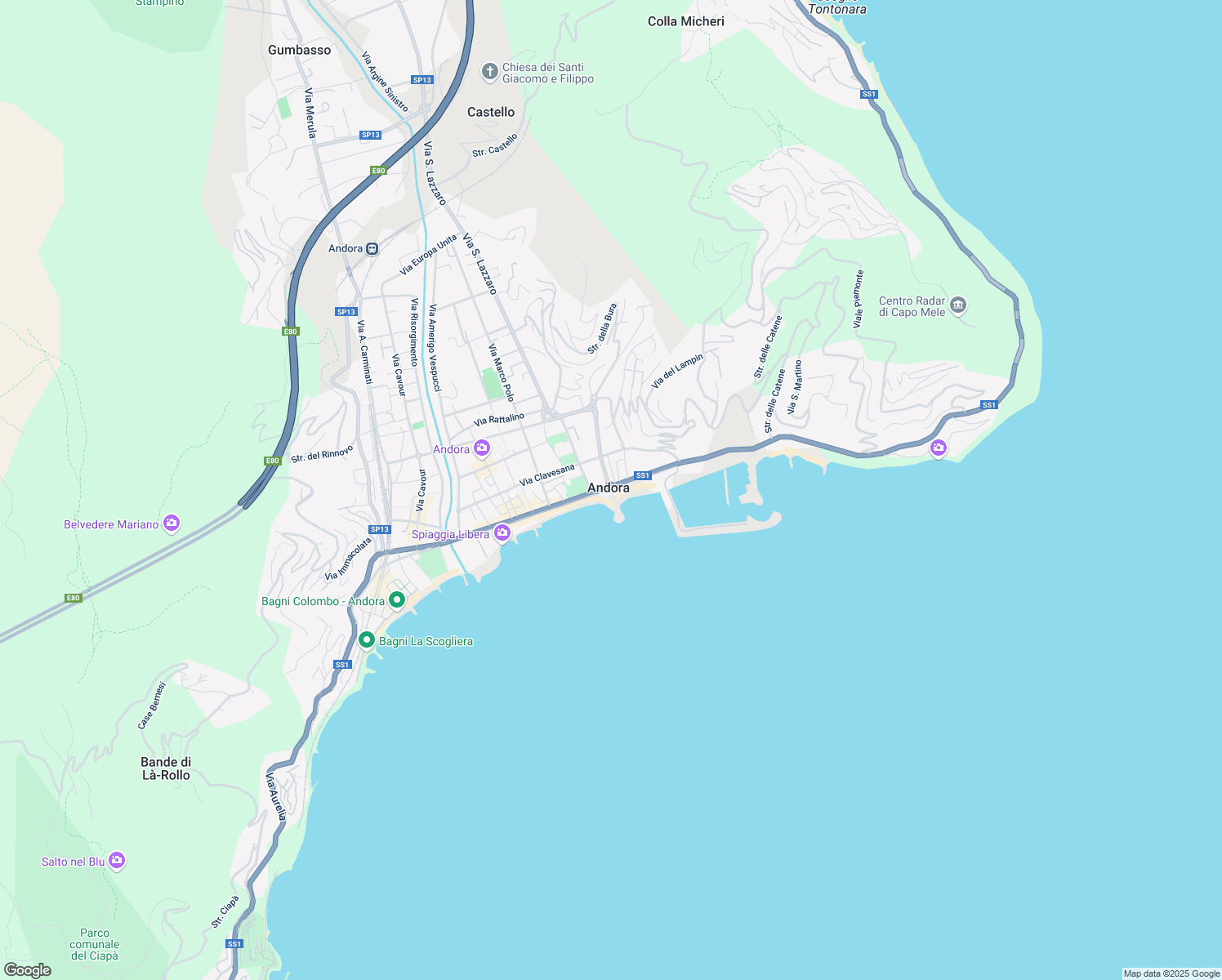 map of restaurants, bars, coffee shops, grocery stores, and more near Passeggiata Quaglia in Marina di Andora