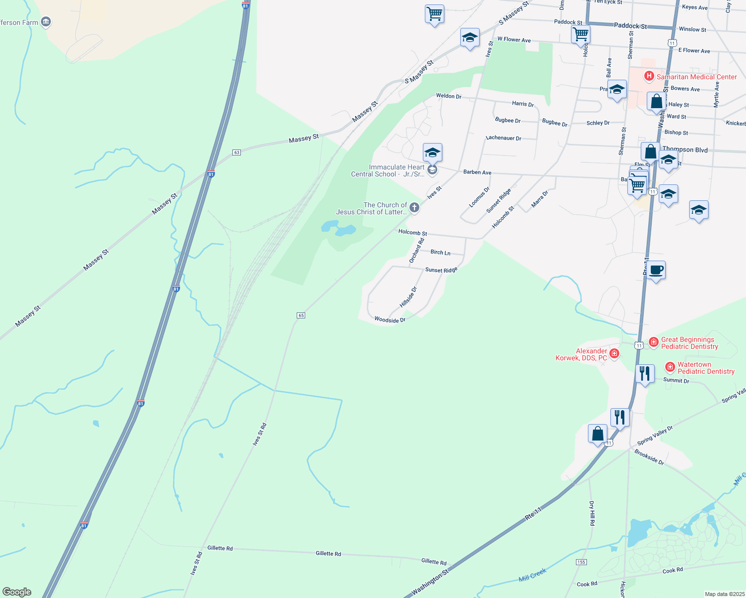 map of restaurants, bars, coffee shops, grocery stores, and more near 19321 Woodside Dr in Watertown