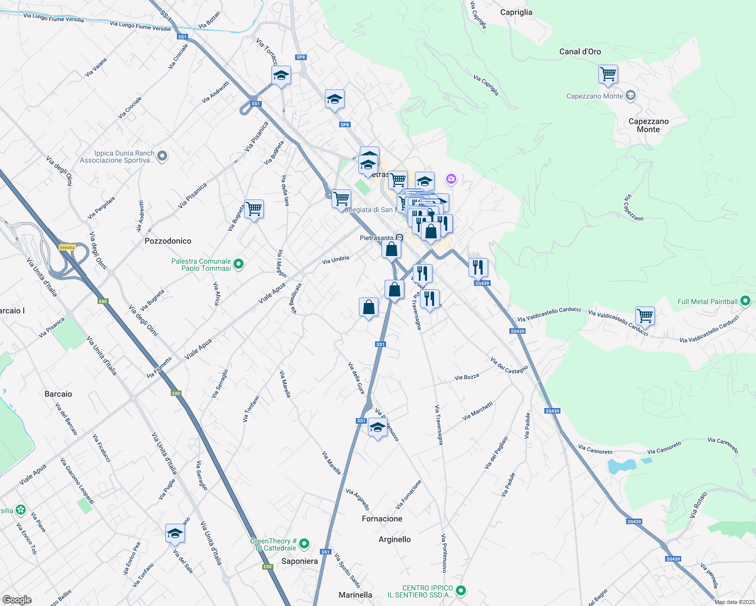 map of restaurants, bars, coffee shops, grocery stores, and more near Strada Statale 1 Aurelia in Pietrasanta