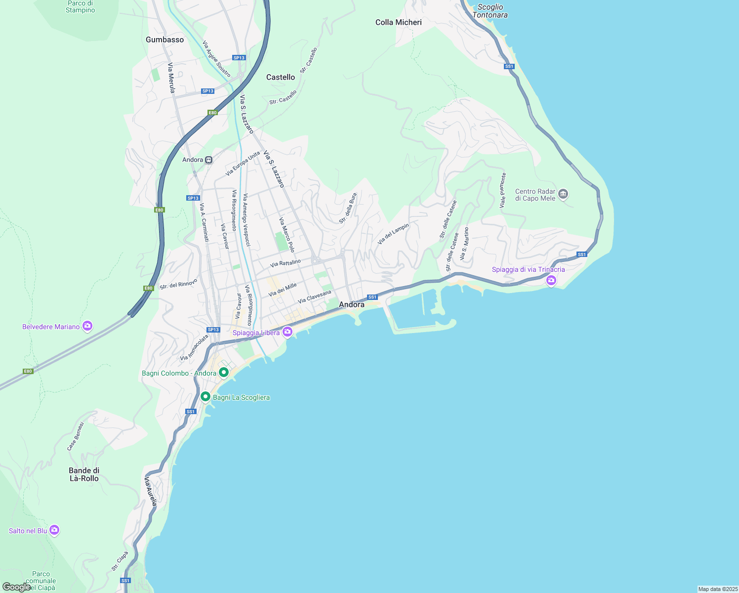map of restaurants, bars, coffee shops, grocery stores, and more near Passeggiata Quaglia in Marina di Andora
