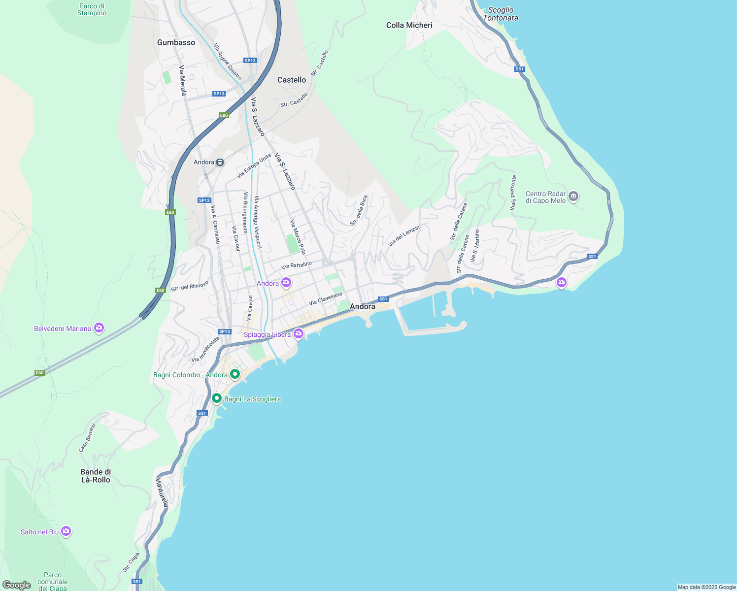map of restaurants, bars, coffee shops, grocery stores, and more near Passeggiata Quaglia in Marina di Andora