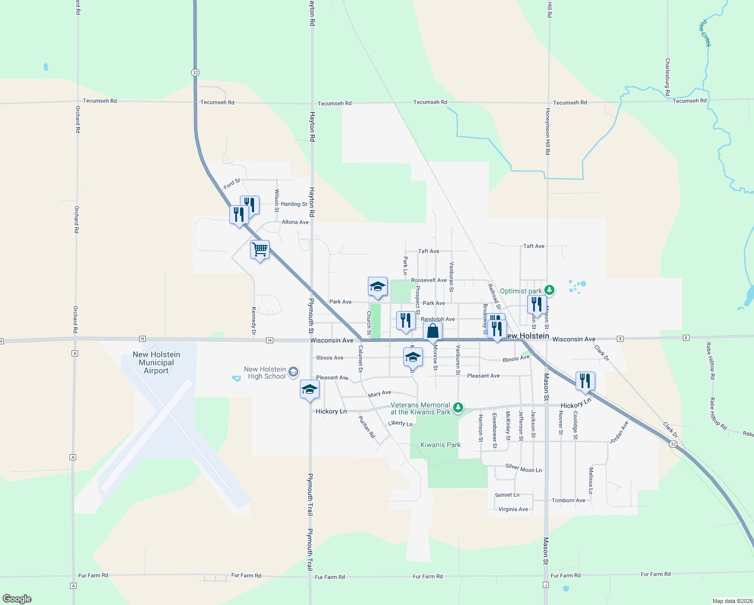 map of restaurants, bars, coffee shops, grocery stores, and more near 2226 Park Avenue in New Holstein