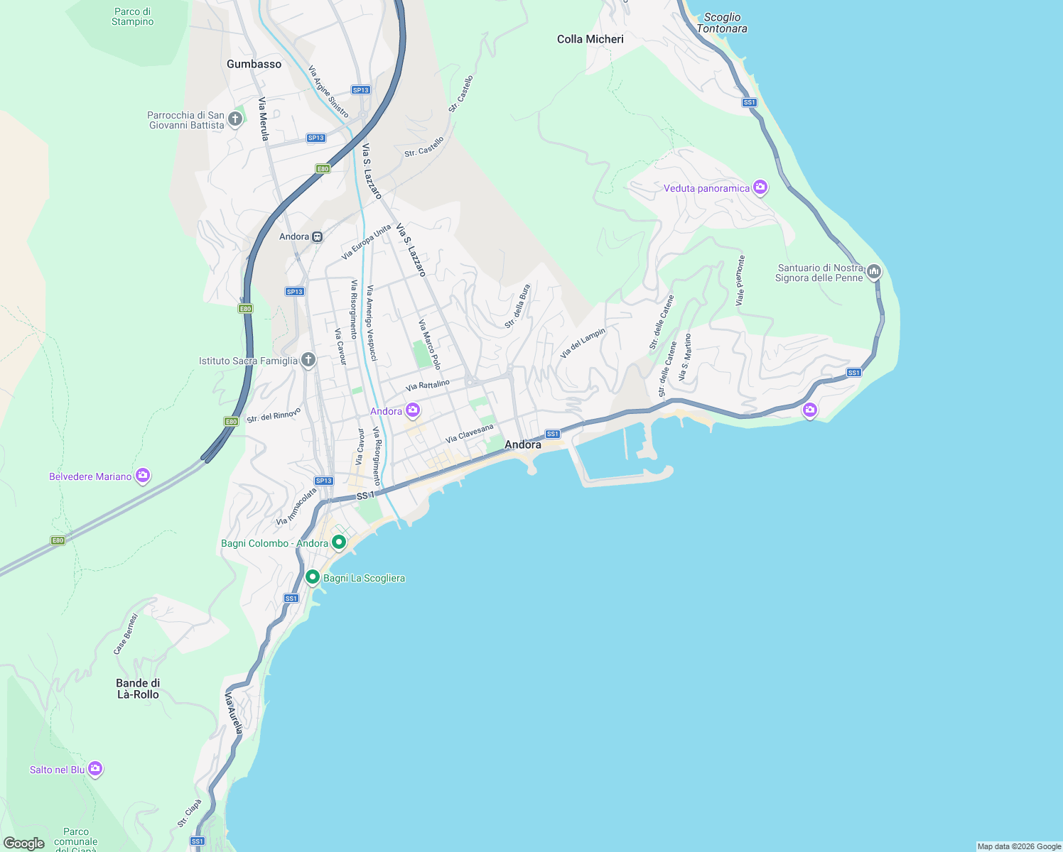 map of restaurants, bars, coffee shops, grocery stores, and more near Passeggiata Quaglia in Marina di Andora