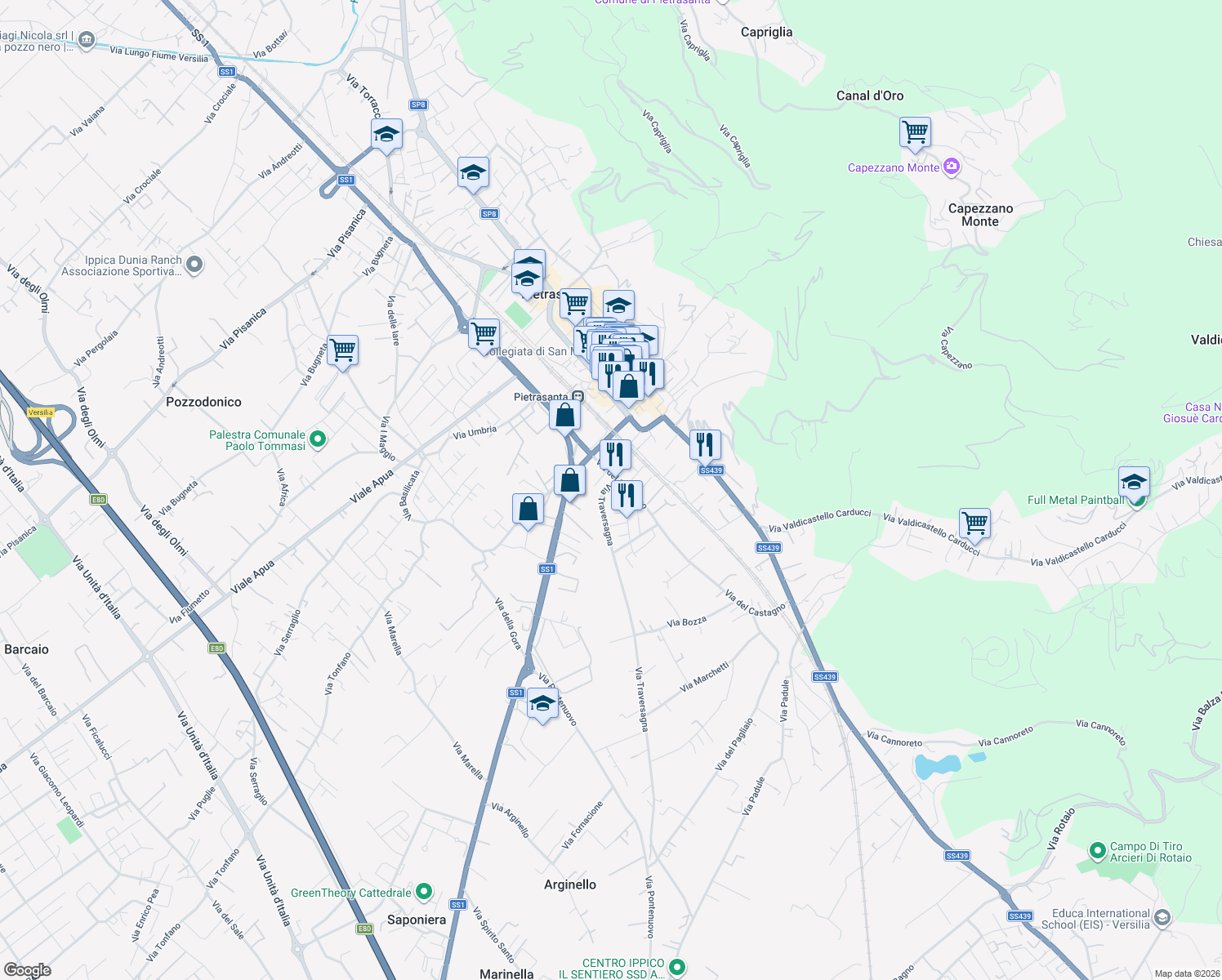 map of restaurants, bars, coffee shops, grocery stores, and more near 13 Via del Castagno in Pietrasanta