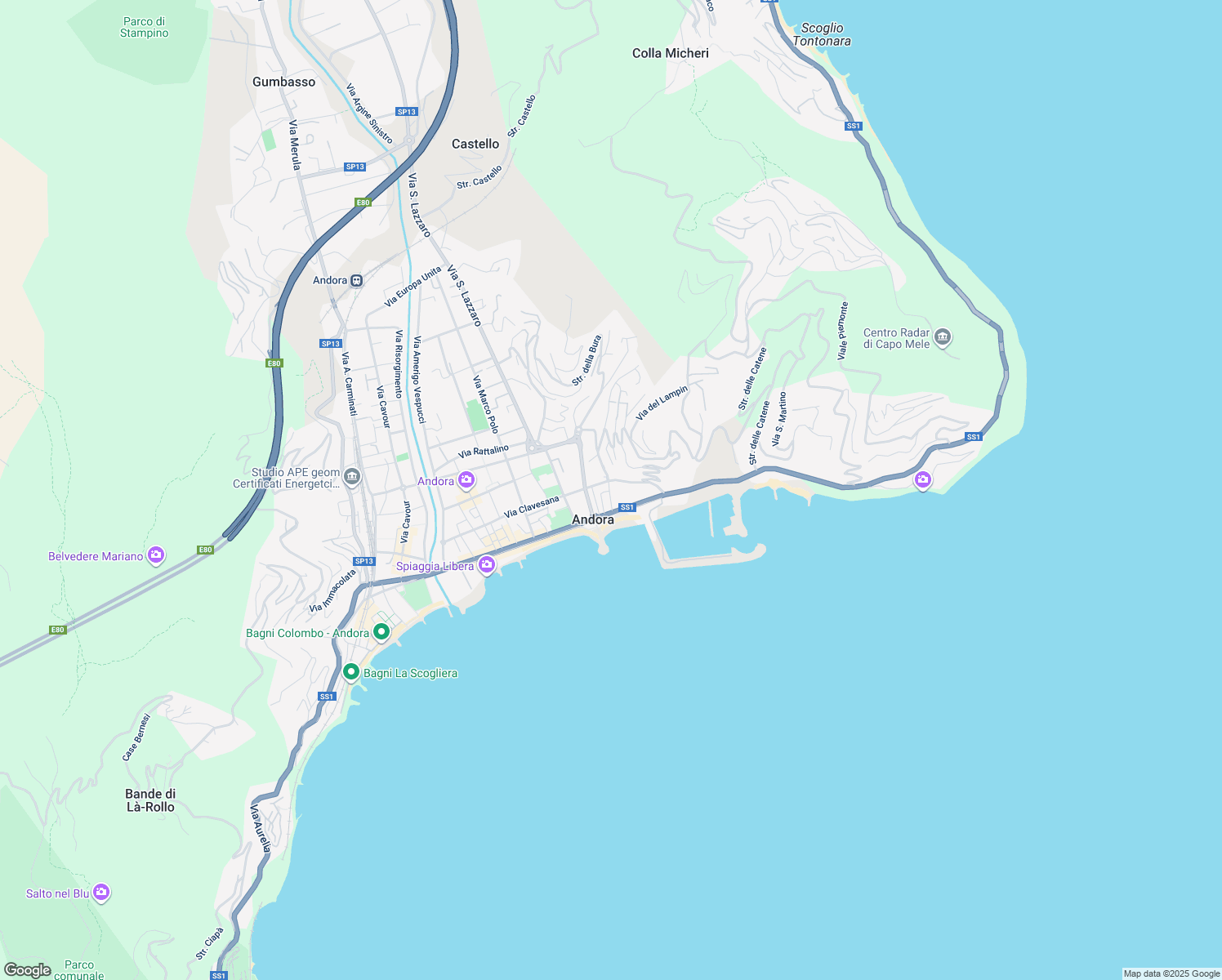 map of restaurants, bars, coffee shops, grocery stores, and more near 20 Via Clavesana in Marina di Andora