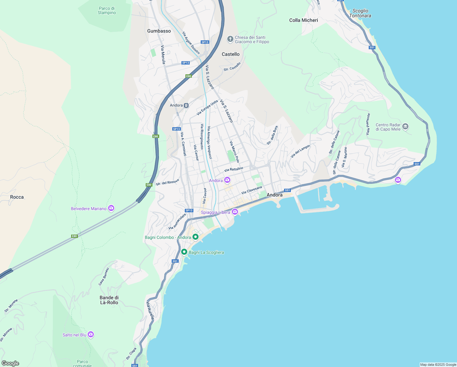 map of restaurants, bars, coffee shops, grocery stores, and more near 19 Via Cristoforo Colombo in Marina di Andora