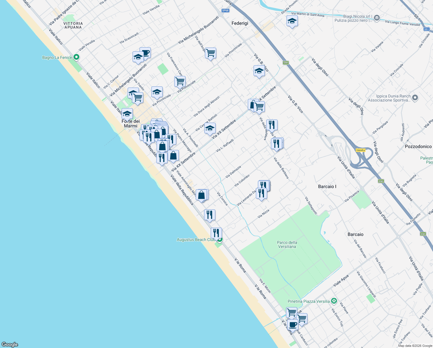 map of restaurants, bars, coffee shops, grocery stores, and more near 44 Via A. Manzoni in Forte dei Marmi