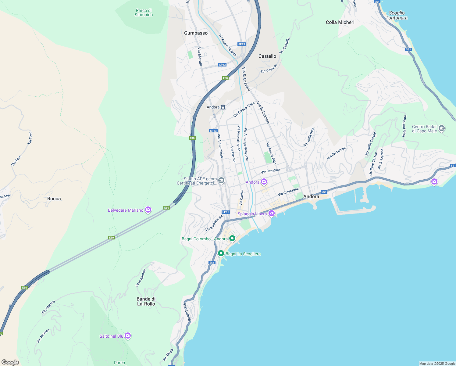 map of restaurants, bars, coffee shops, grocery stores, and more near 110 Via A. Carminati in Marina di Andora