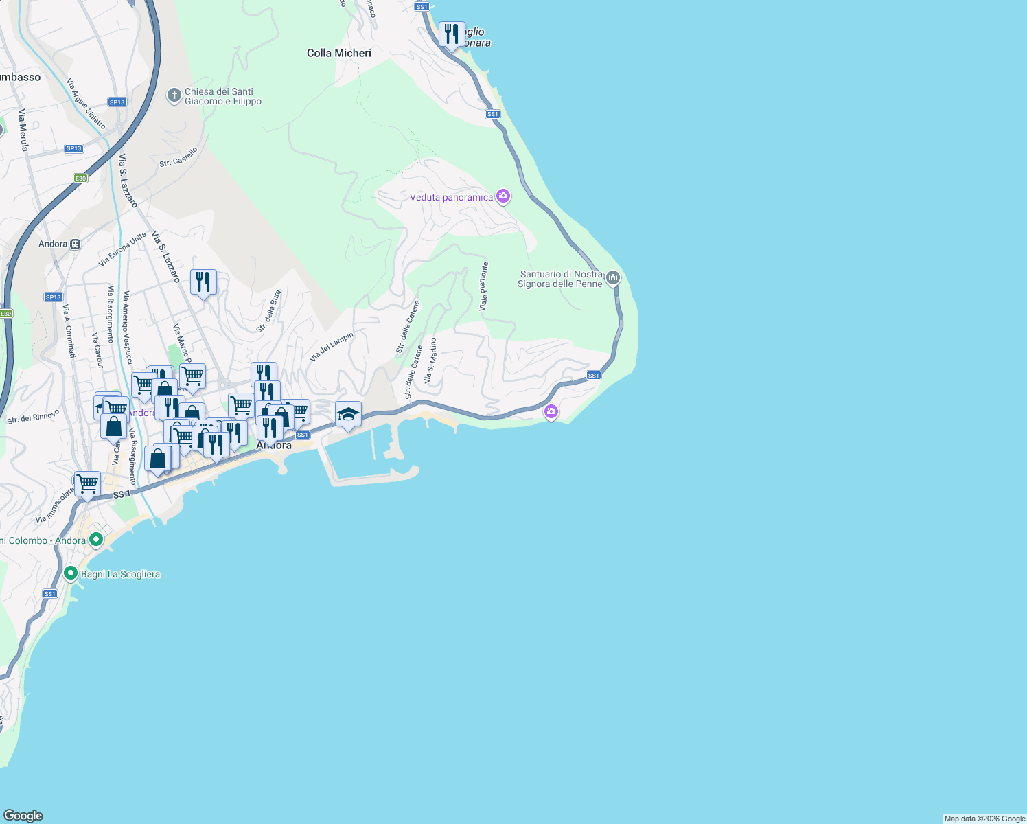 map of restaurants, bars, coffee shops, grocery stores, and more near 50 Via Aurelia in Marina di Andora