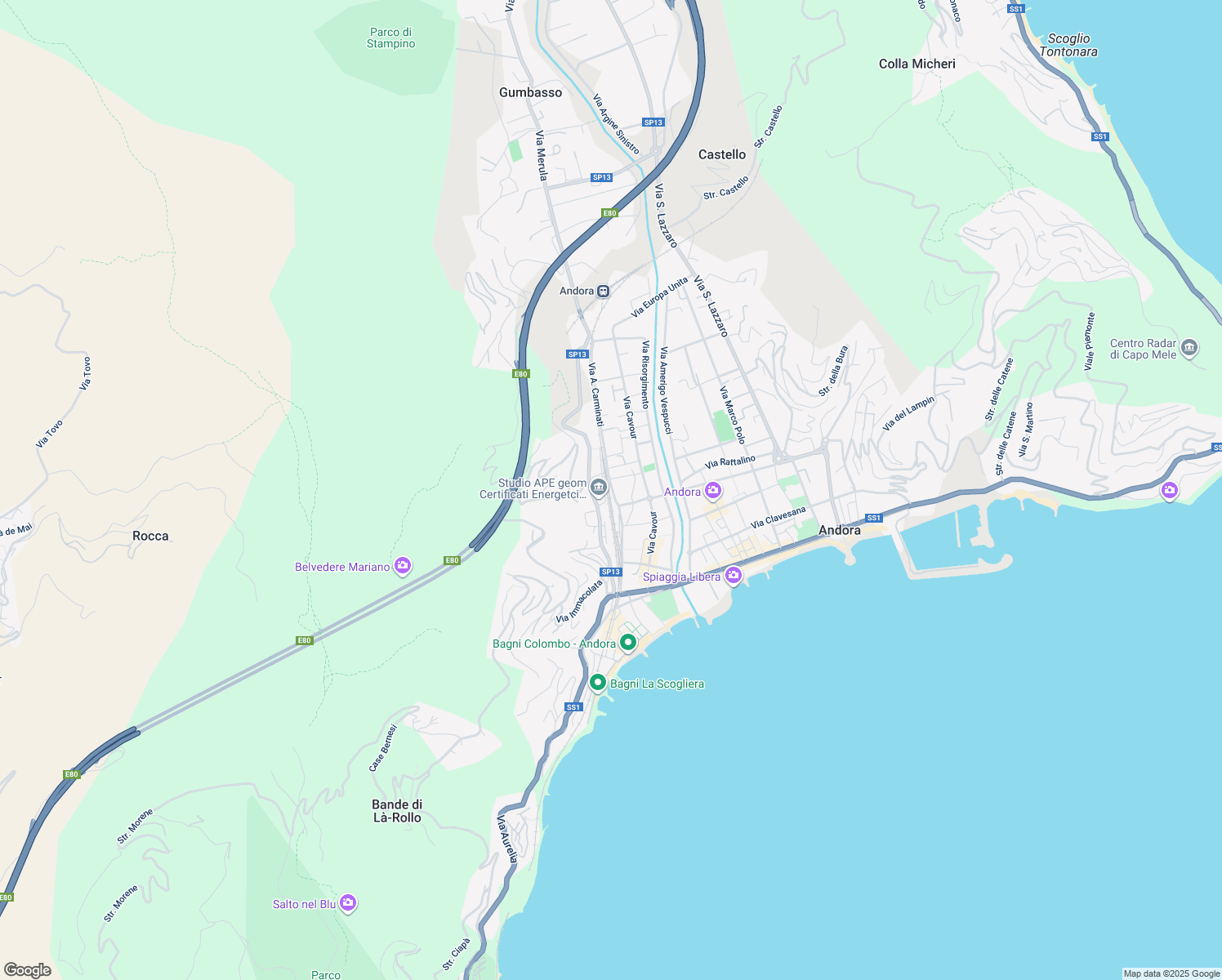 map of restaurants, bars, coffee shops, grocery stores, and more near 110 Via A. Carminati in Marina di Andora