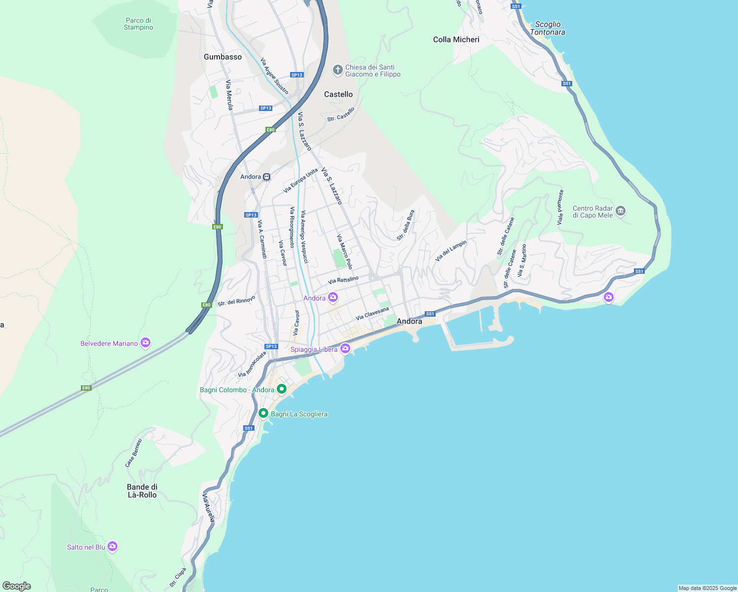 map of restaurants, bars, coffee shops, grocery stores, and more near 3 Via dei Mille in Marina di Andora
