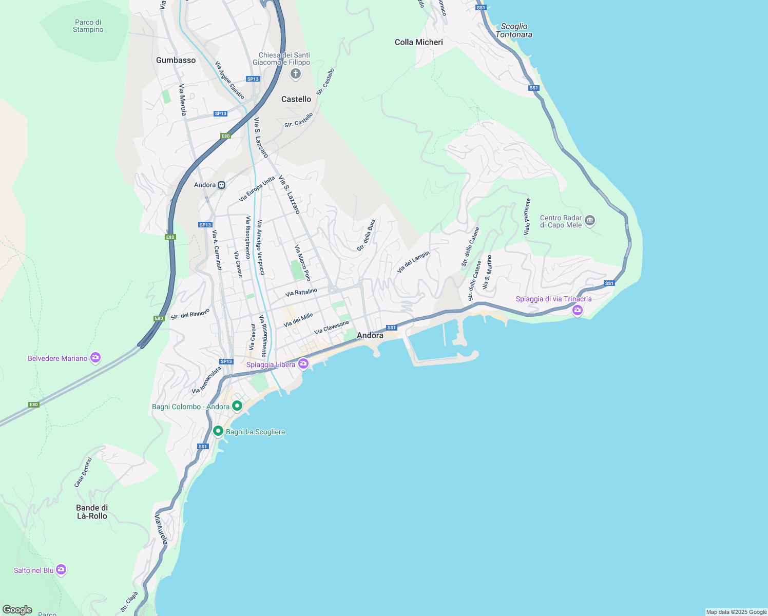 map of restaurants, bars, coffee shops, grocery stores, and more near 20 Via Clavesana in Marina di Andora
