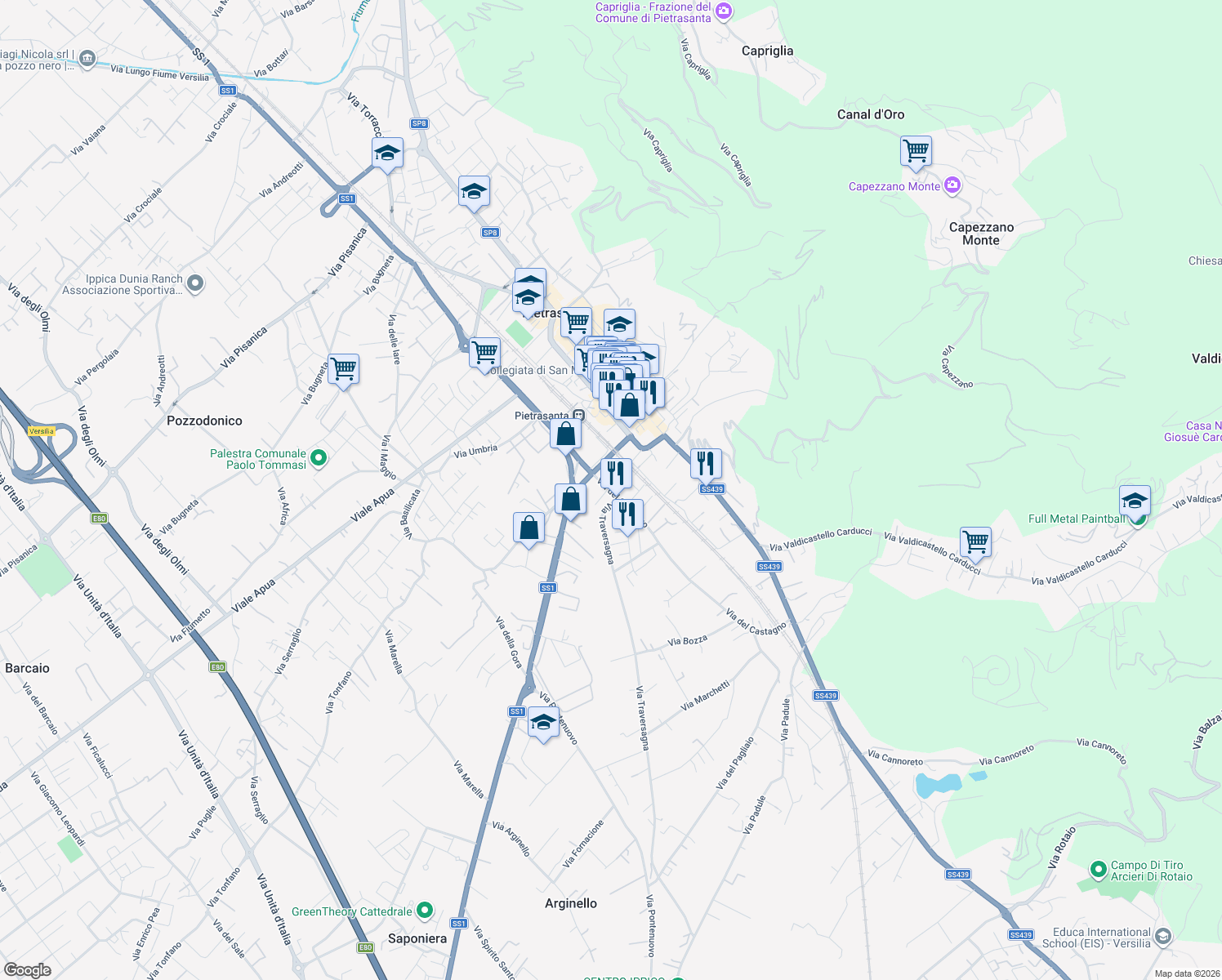 map of restaurants, bars, coffee shops, grocery stores, and more near 13 Via del Castagno in Pietrasanta