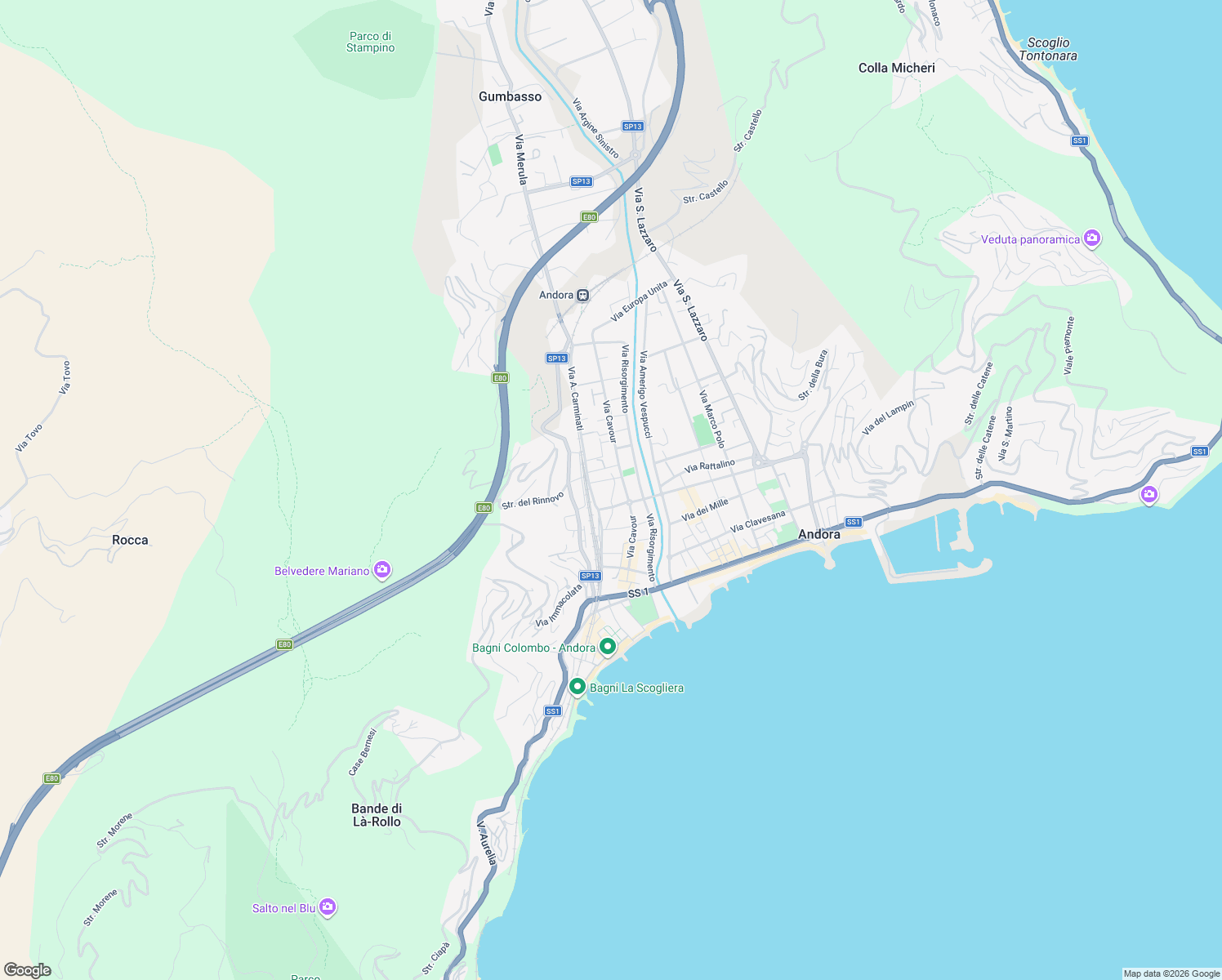 map of restaurants, bars, coffee shops, grocery stores, and more near 11 Via Antica Romana in Marina di Andora