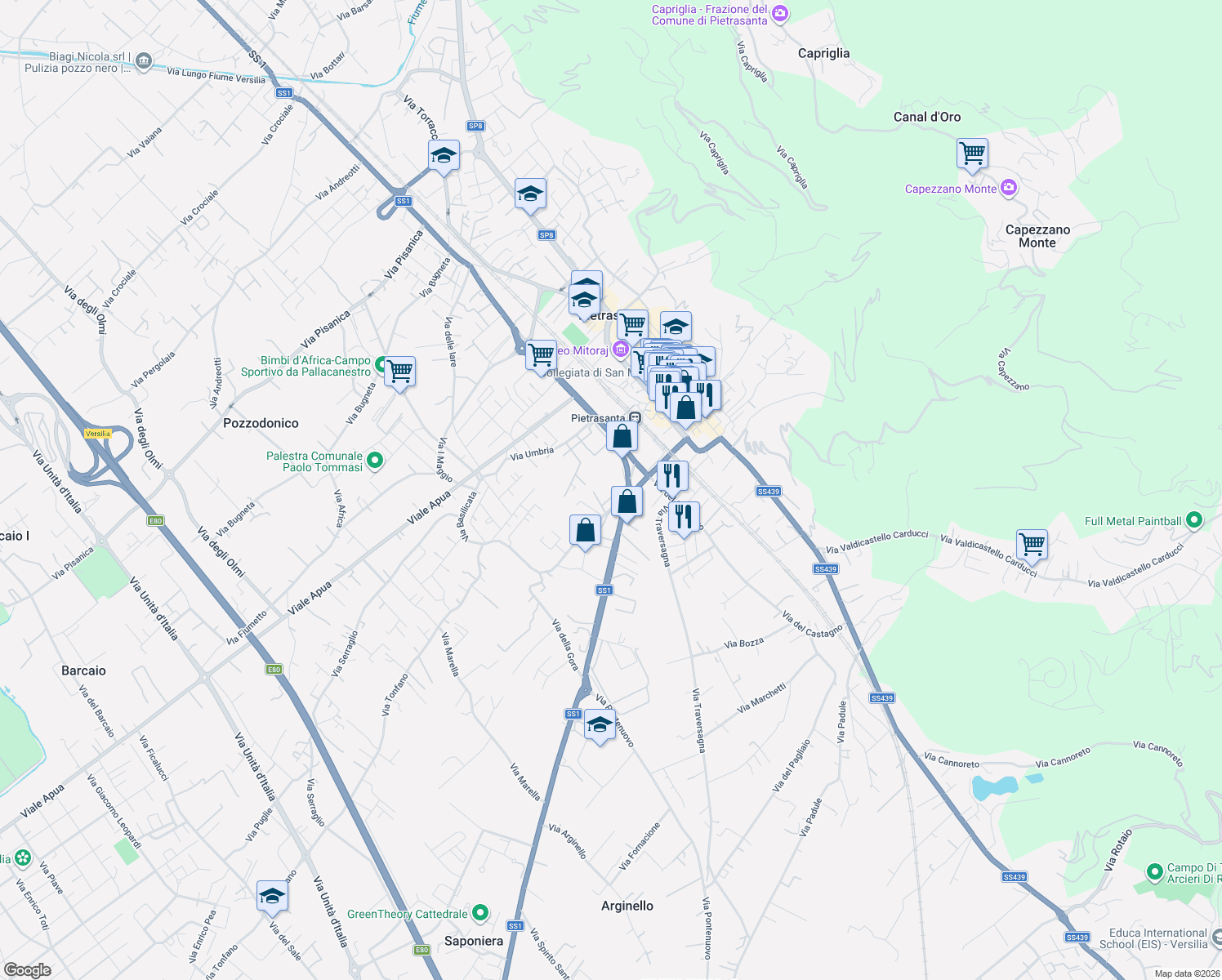 map of restaurants, bars, coffee shops, grocery stores, and more near 22A Via Osterietta in Pietrasanta