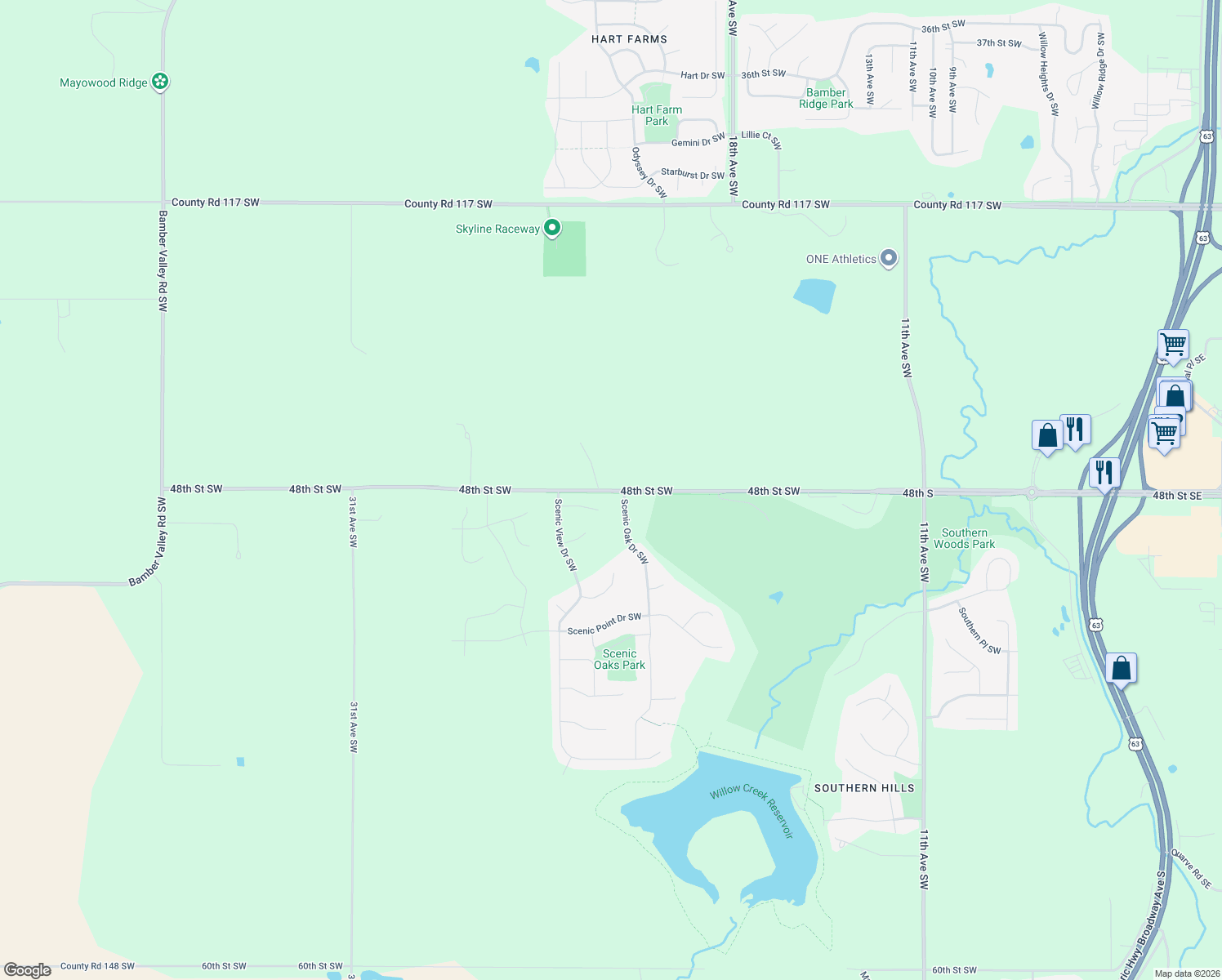 map of restaurants, bars, coffee shops, grocery stores, and more near 48th Street Southwest in Rochester