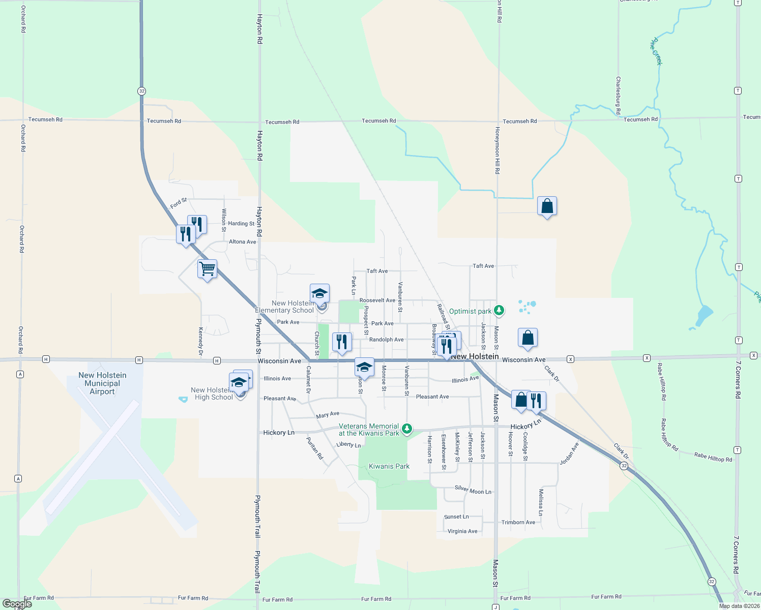 map of restaurants, bars, coffee shops, grocery stores, and more near 2225 Monroe St in New Holstein