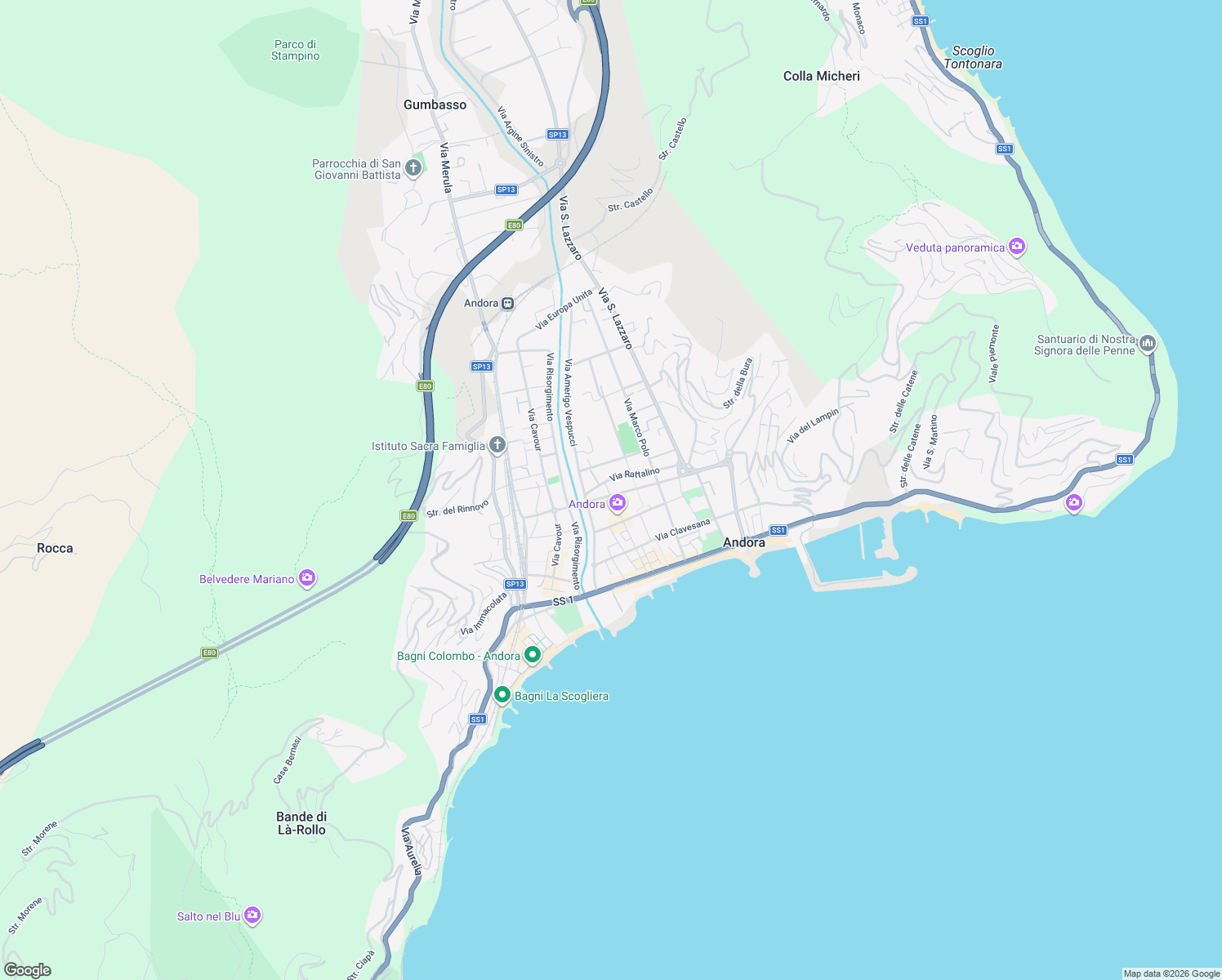map of restaurants, bars, coffee shops, grocery stores, and more near 19 Via Cristoforo Colombo in Marina di Andora