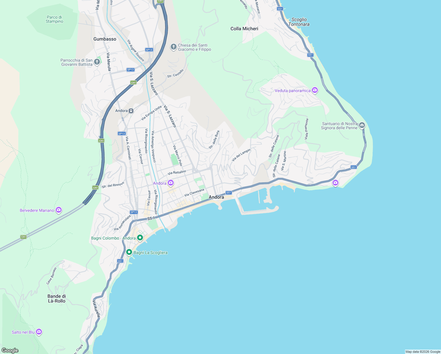 map of restaurants, bars, coffee shops, grocery stores, and more near 20 Via Clavesana in Marina di Andora