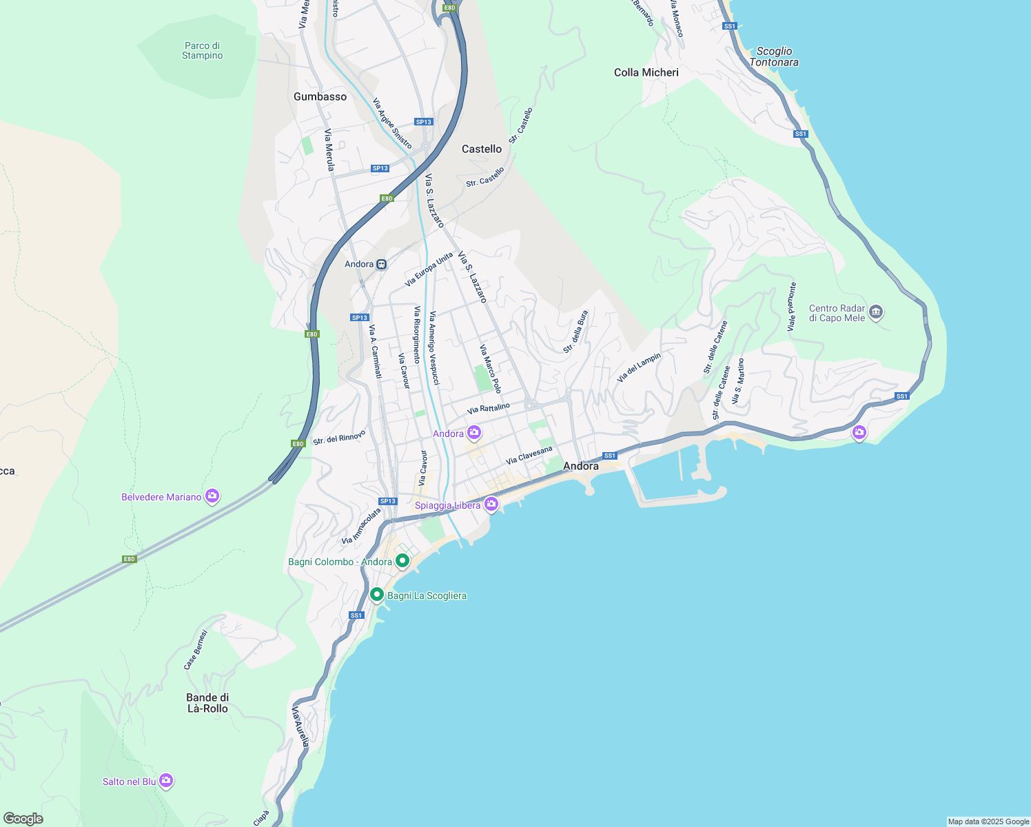 map of restaurants, bars, coffee shops, grocery stores, and more near 4 Via dei Mille in Marina di Andora