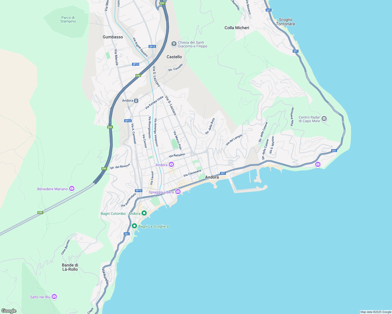 map of restaurants, bars, coffee shops, grocery stores, and more near 3 Via dei Mille in Marina di Andora