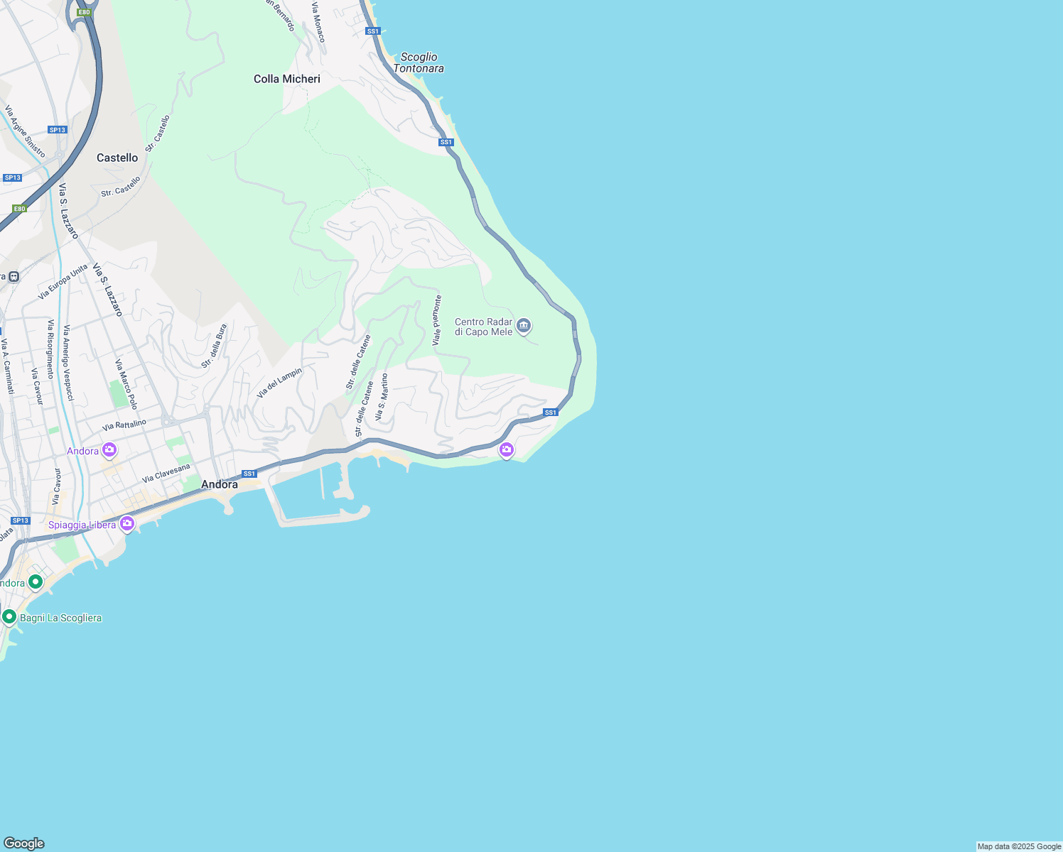 map of restaurants, bars, coffee shops, grocery stores, and more near 16 Via Aurelia in Marina di Andora