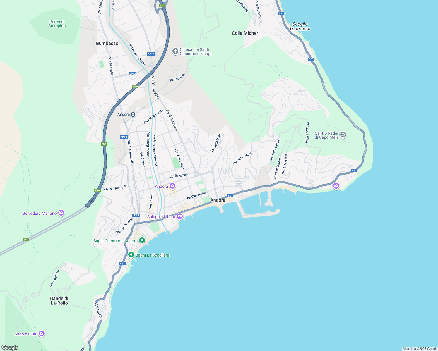map of restaurants, bars, coffee shops, grocery stores, and more near 38 Viale Giuseppe Mazzini in Marina di Andora
