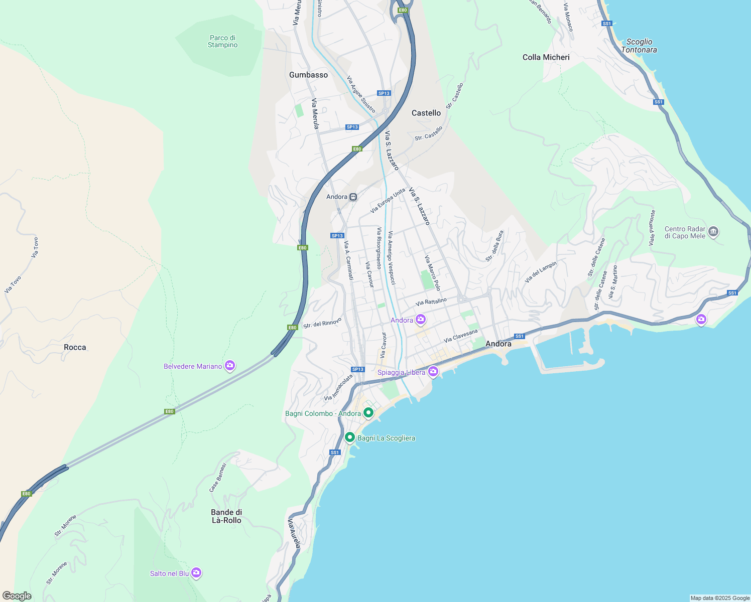map of restaurants, bars, coffee shops, grocery stores, and more near 35 Via Cavour in Marina di Andora
