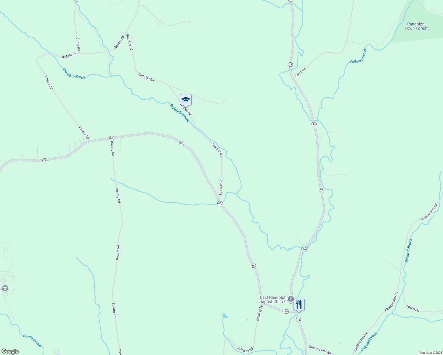 map of restaurants, bars, coffee shops, grocery stores, and more near 192 Salt Box Road in Randolph