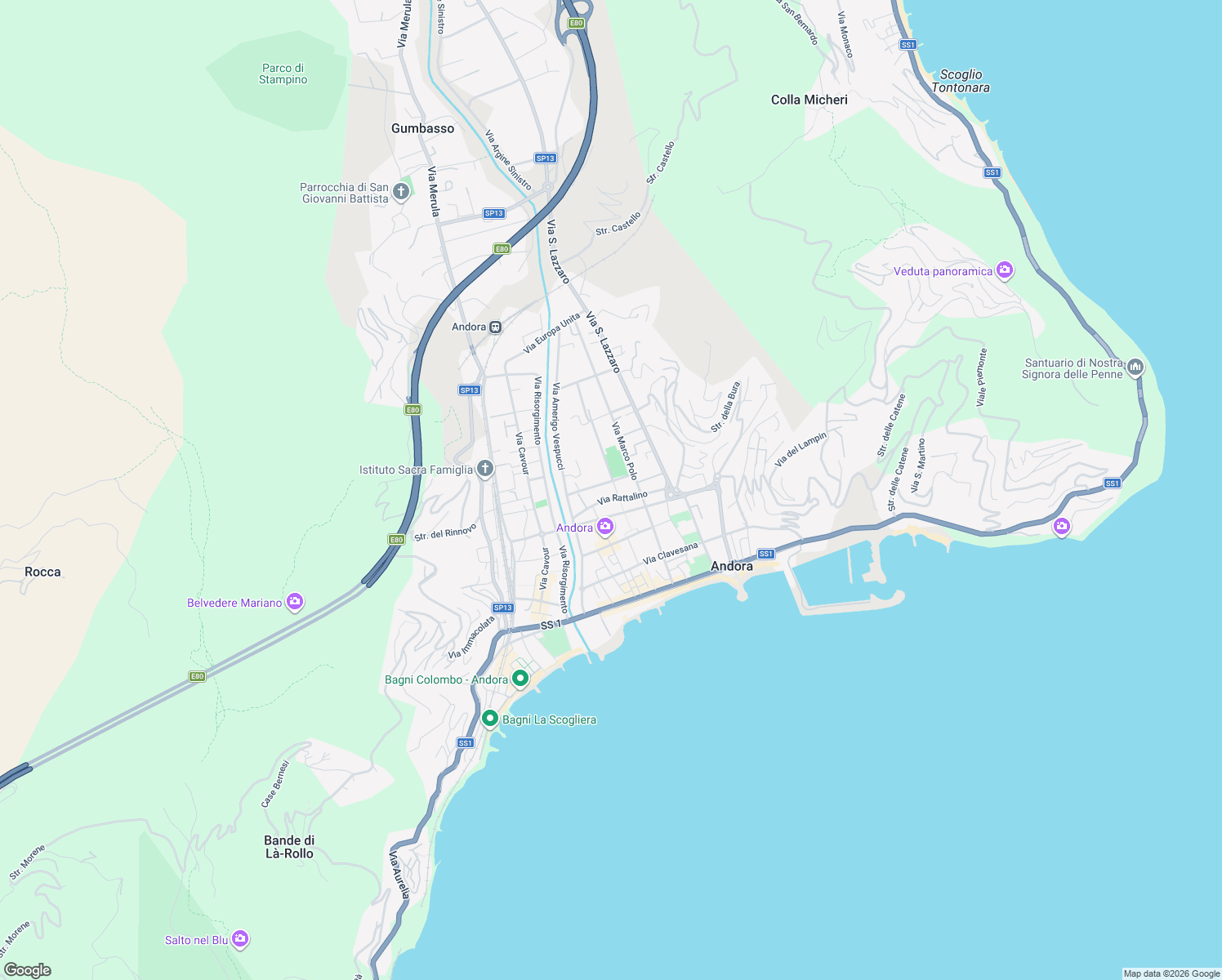 map of restaurants, bars, coffee shops, grocery stores, and more near Via Piana di Merula in Marina di Andora