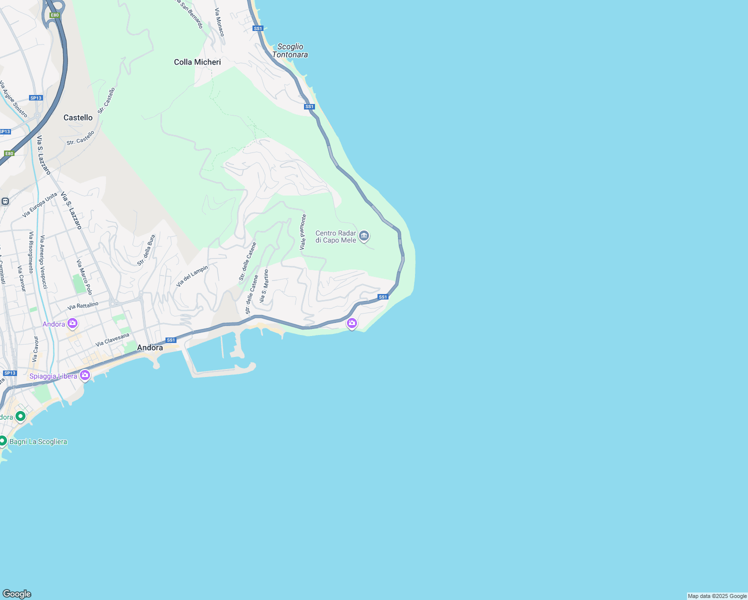 map of restaurants, bars, coffee shops, grocery stores, and more near 16 Via Aurelia in Marina di Andora