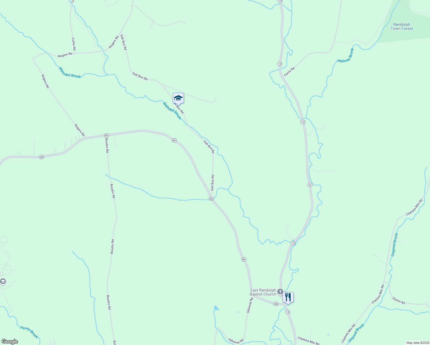 map of restaurants, bars, coffee shops, grocery stores, and more near 192 Salt Box Road in Randolph