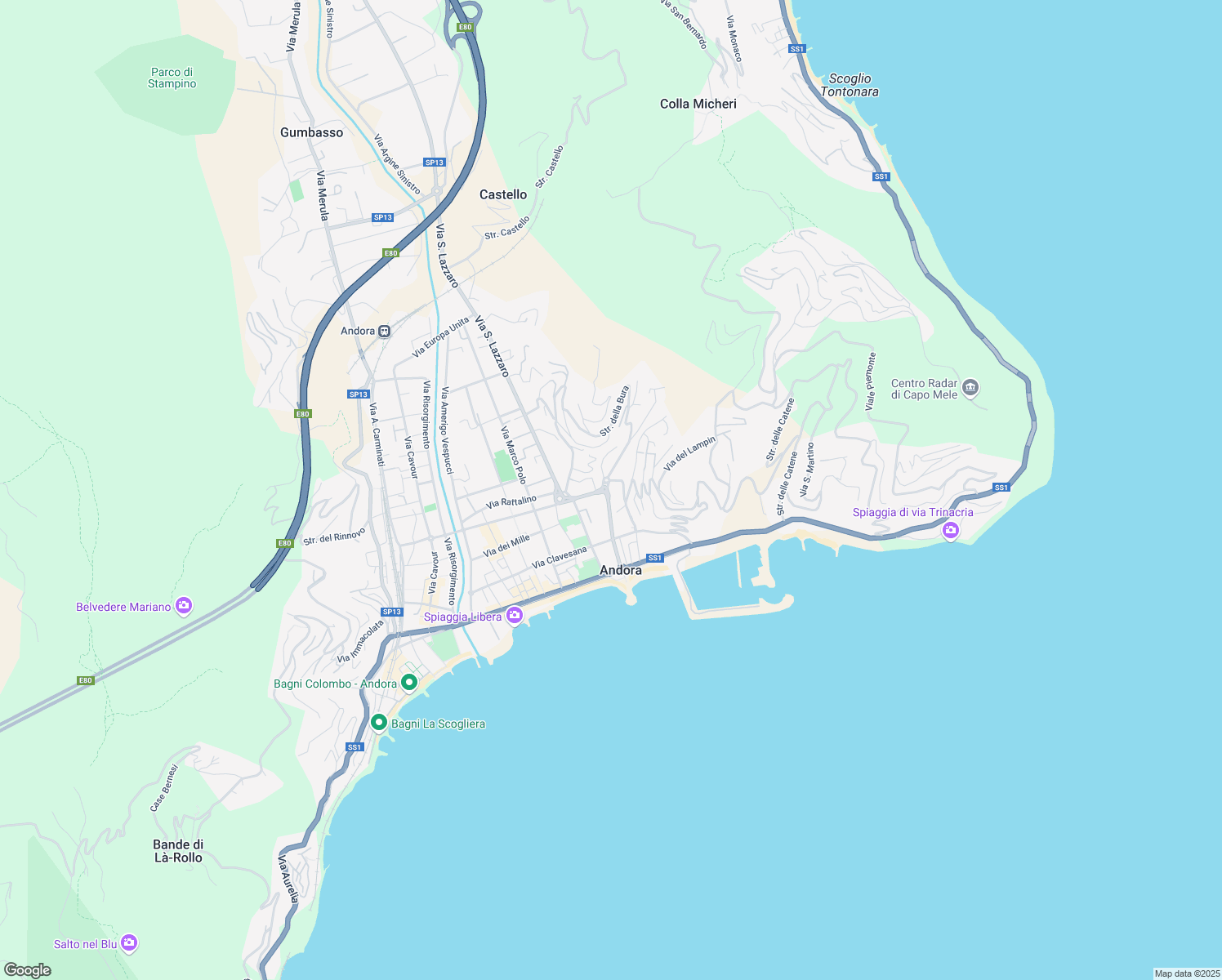 map of restaurants, bars, coffee shops, grocery stores, and more near 38 Viale Giuseppe Mazzini in Marina di Andora
