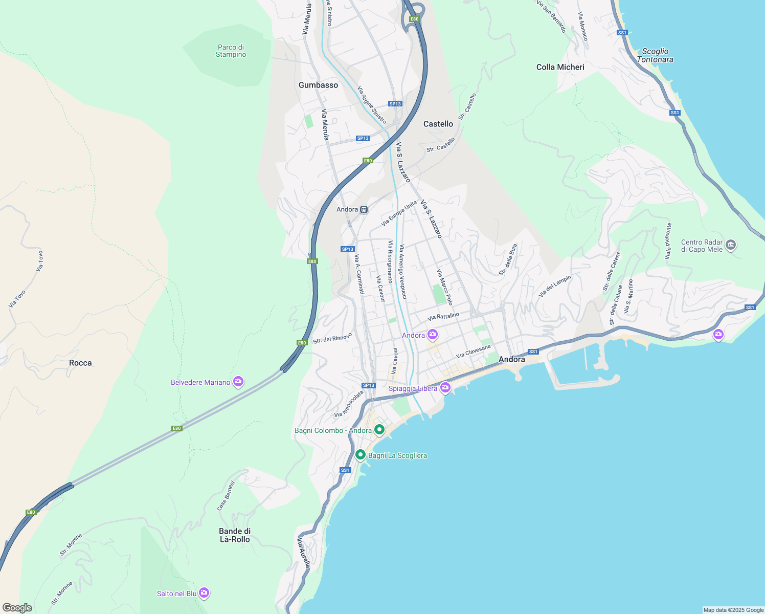map of restaurants, bars, coffee shops, grocery stores, and more near 35 Via Cavour in Marina di Andora