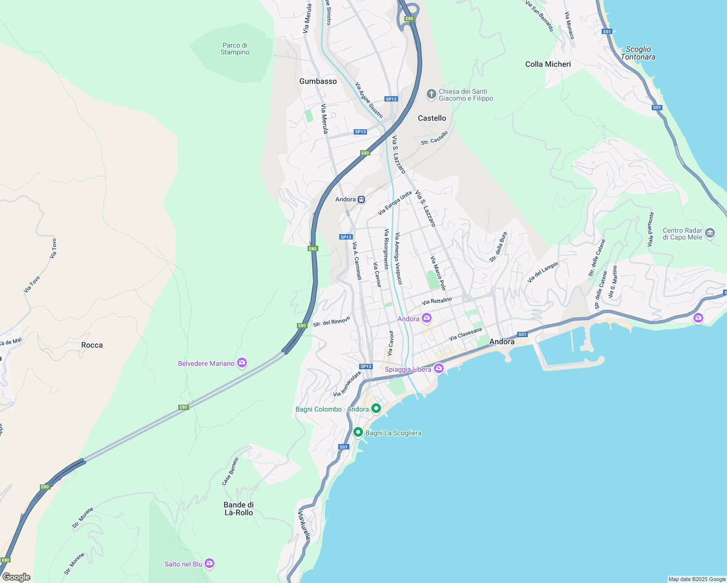 map of restaurants, bars, coffee shops, grocery stores, and more near 134 Via A. Carminati in Marina di Andora