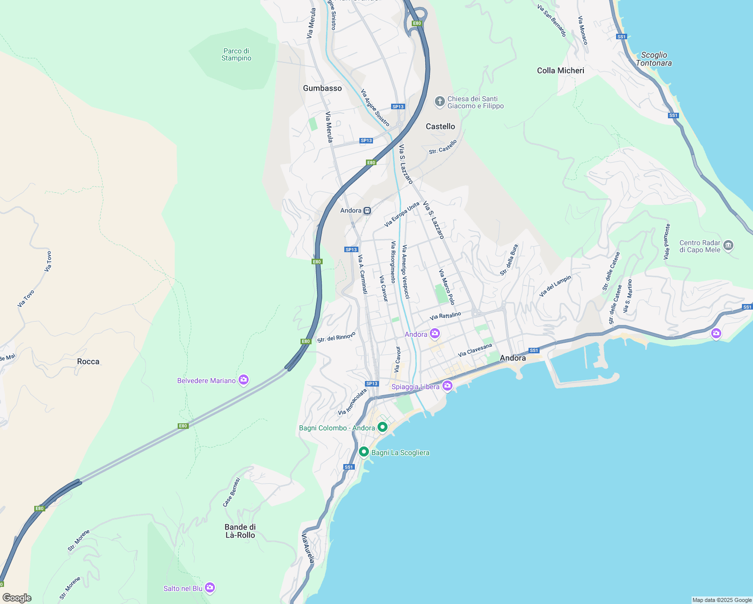 map of restaurants, bars, coffee shops, grocery stores, and more near 134 Via A. Carminati in Marina di Andora