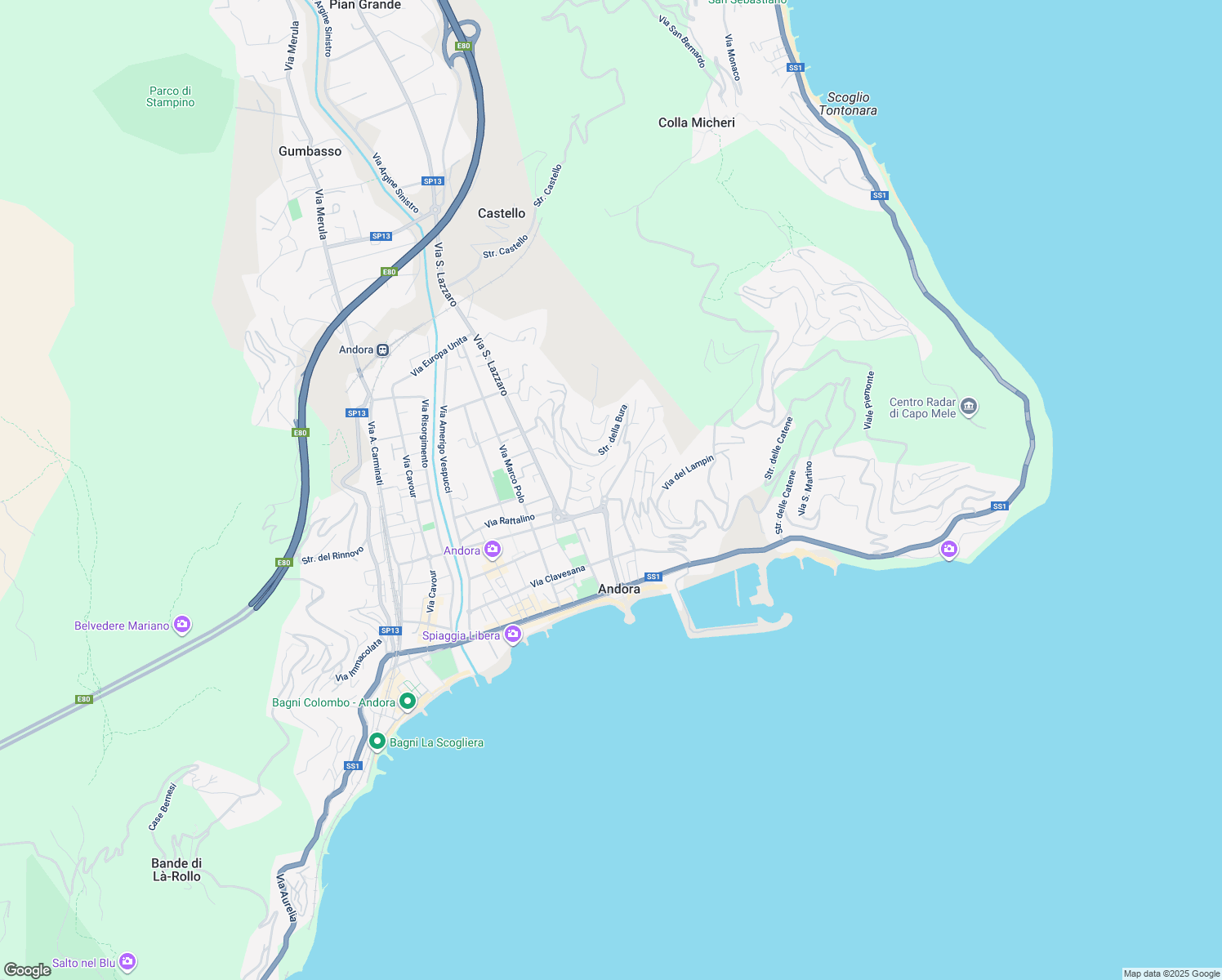 map of restaurants, bars, coffee shops, grocery stores, and more near 38 Viale Giuseppe Mazzini in Marina di Andora