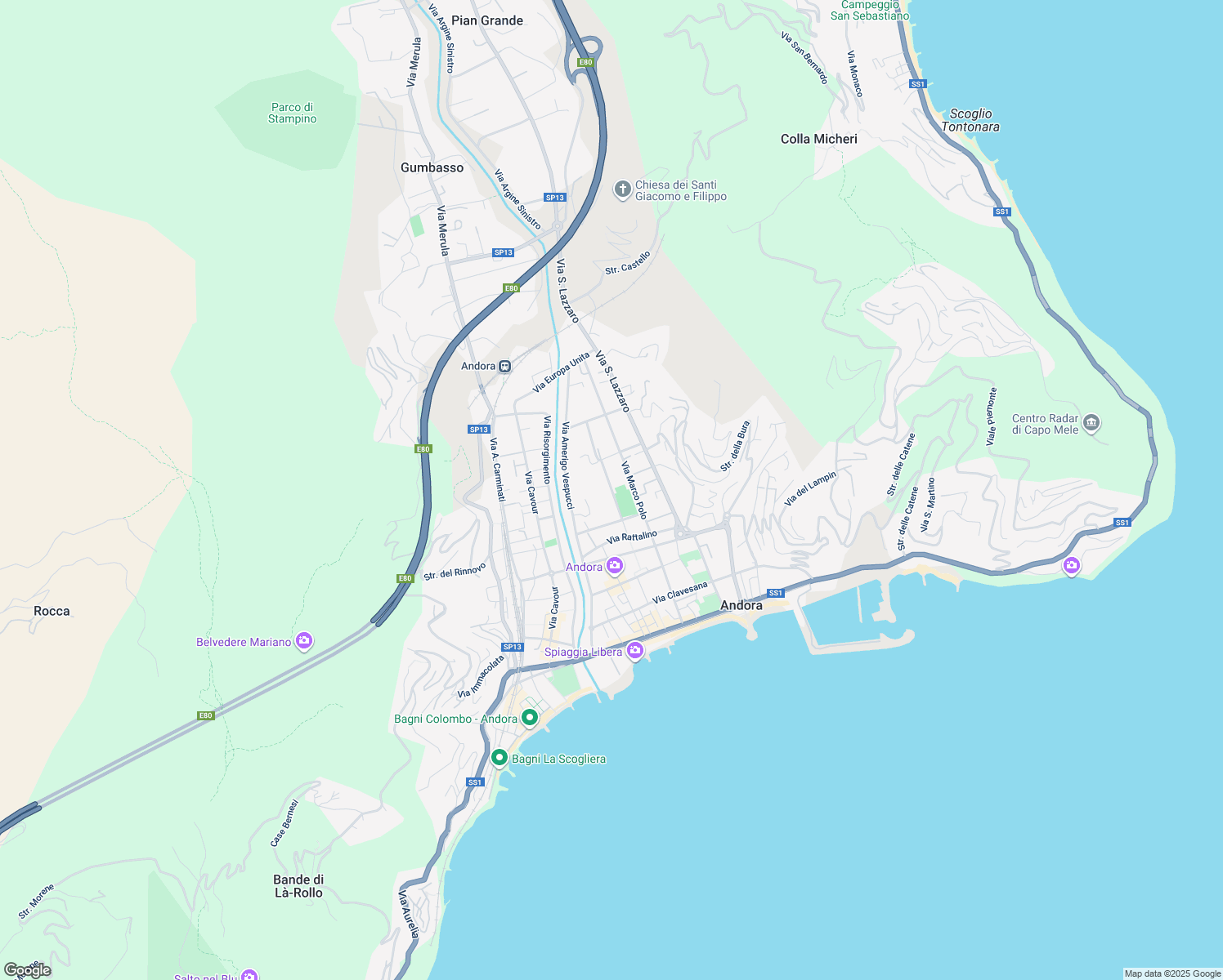map of restaurants, bars, coffee shops, grocery stores, and more near 58A Via Marco Polo in Marina di Andora