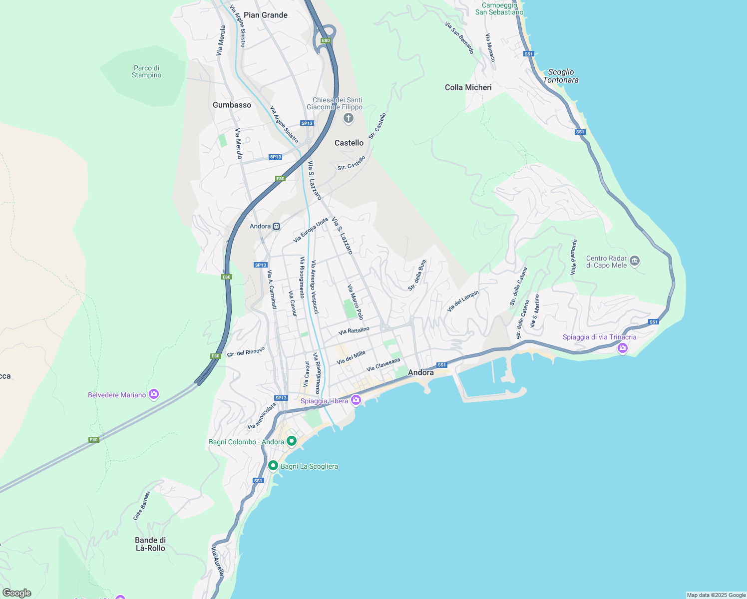 map of restaurants, bars, coffee shops, grocery stores, and more near 51A Via S. Lazzaro in Marina di Andora