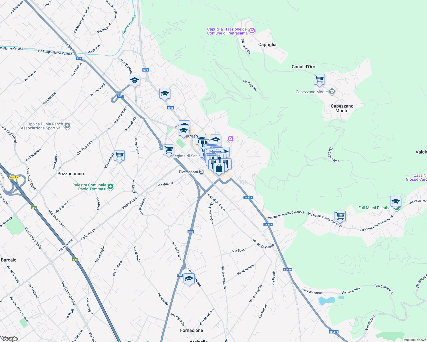 map of restaurants, bars, coffee shops, grocery stores, and more near 9 Via Sauro in Pietrasanta
