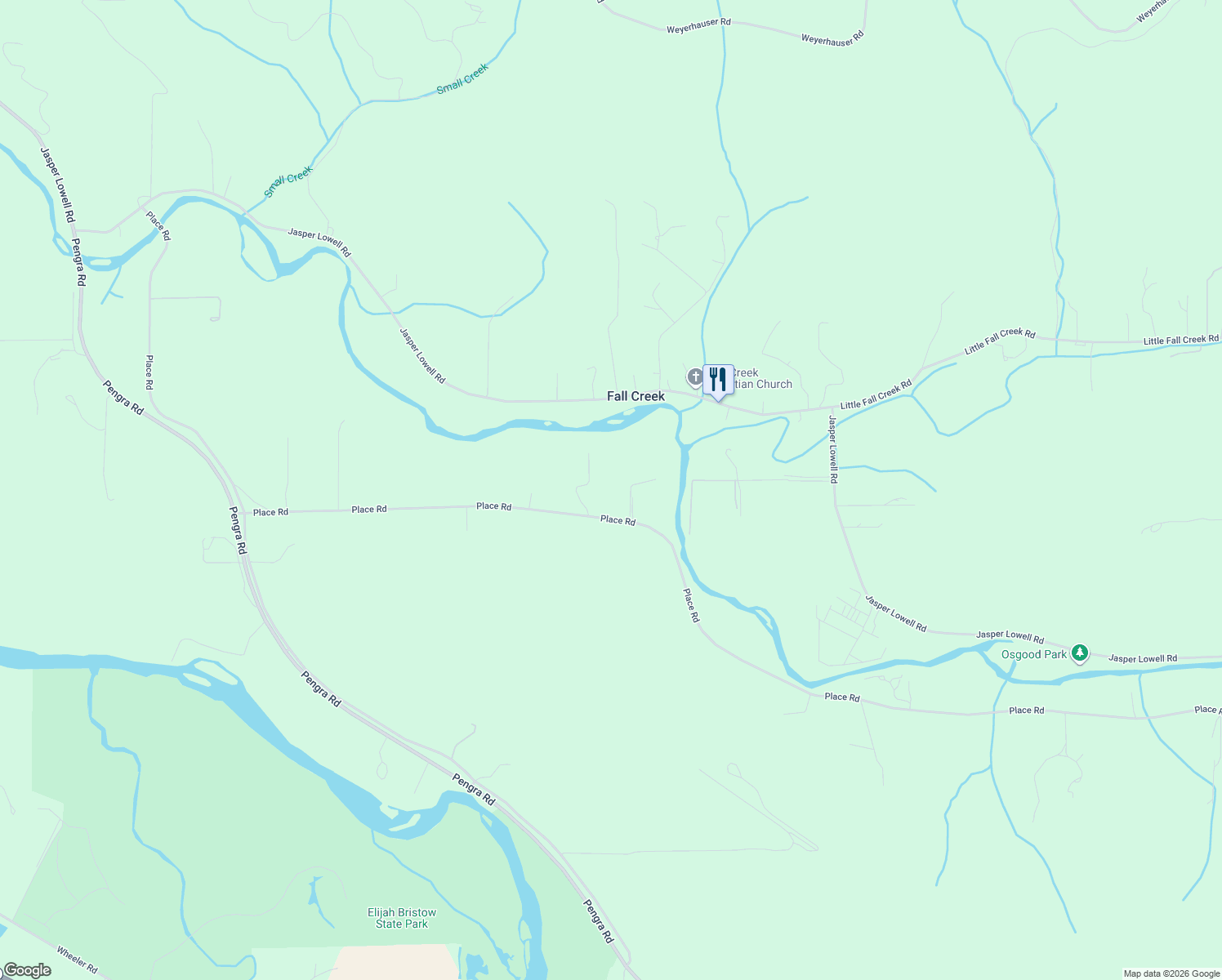 map of restaurants, bars, coffee shops, grocery stores, and more near 38961 Place Road in Fall Creek