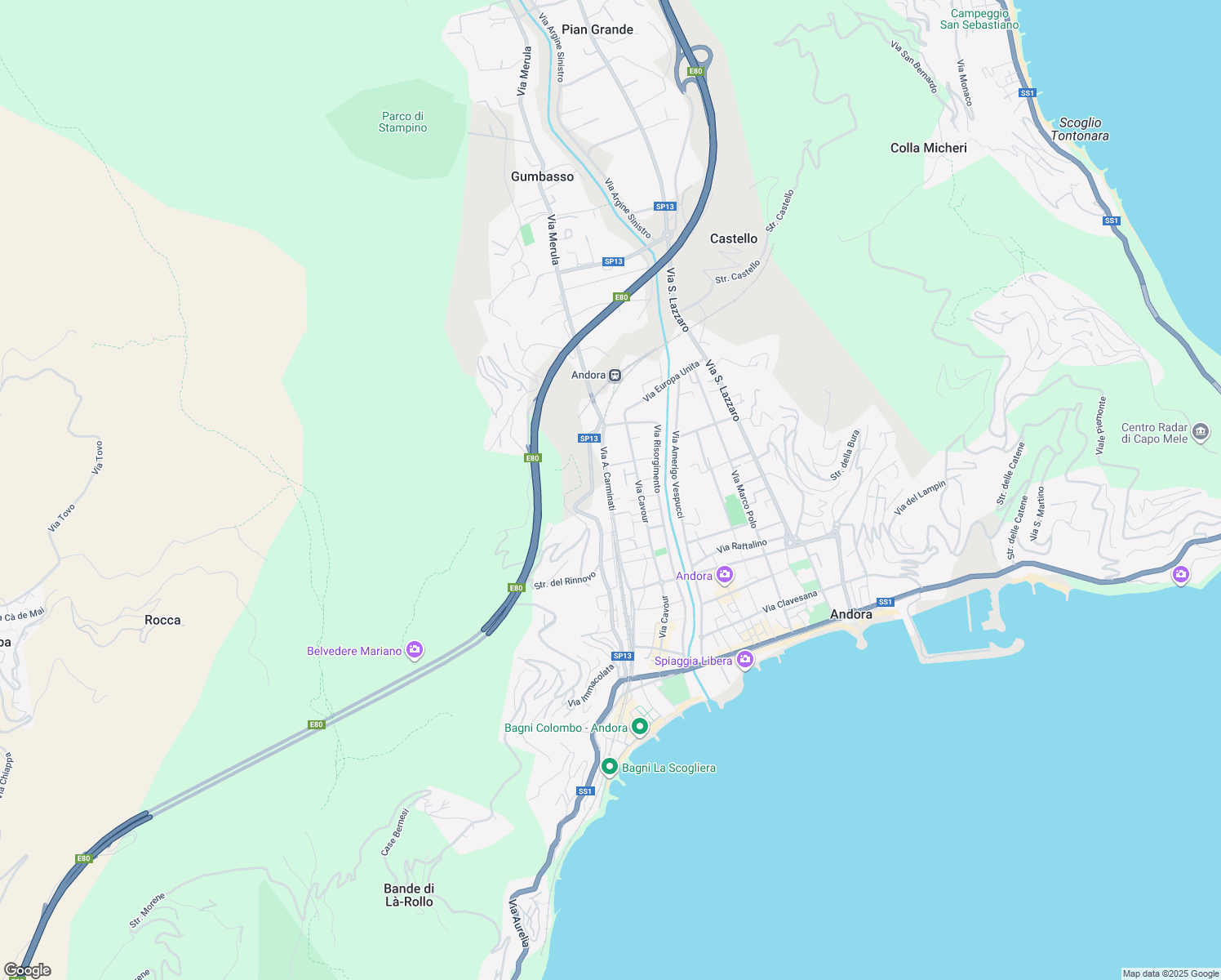 map of restaurants, bars, coffee shops, grocery stores, and more near 160 Via A. Carminati in Marina di Andora