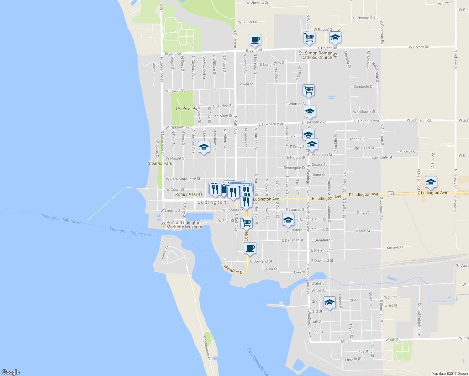 map of restaurants, bars, coffee shops, grocery stores, and more near 209 North Rath Avenue in Ludington
