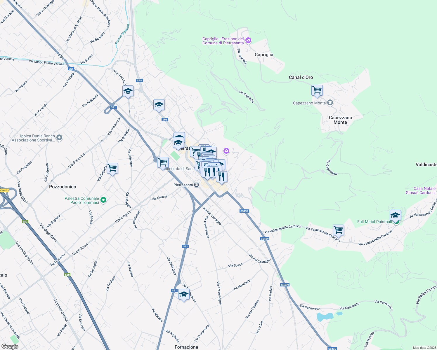 map of restaurants, bars, coffee shops, grocery stores, and more near 1 Via Sant'Agostino in Pietrasanta